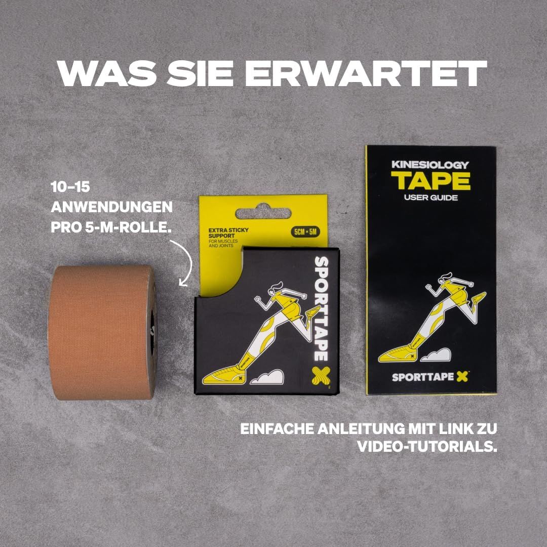Contenuto: rotolo nastro kinesiologico, scatola, guida con link video. 10-15 applicazioni per rotolo.