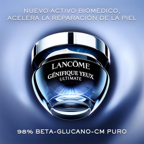 Vaso di vetro con coperchio nero. Scritta: Lancôme Génifique Yeux Ultimate. Testo: Nuevo activo biomédico, acelera la reparación de la piel.