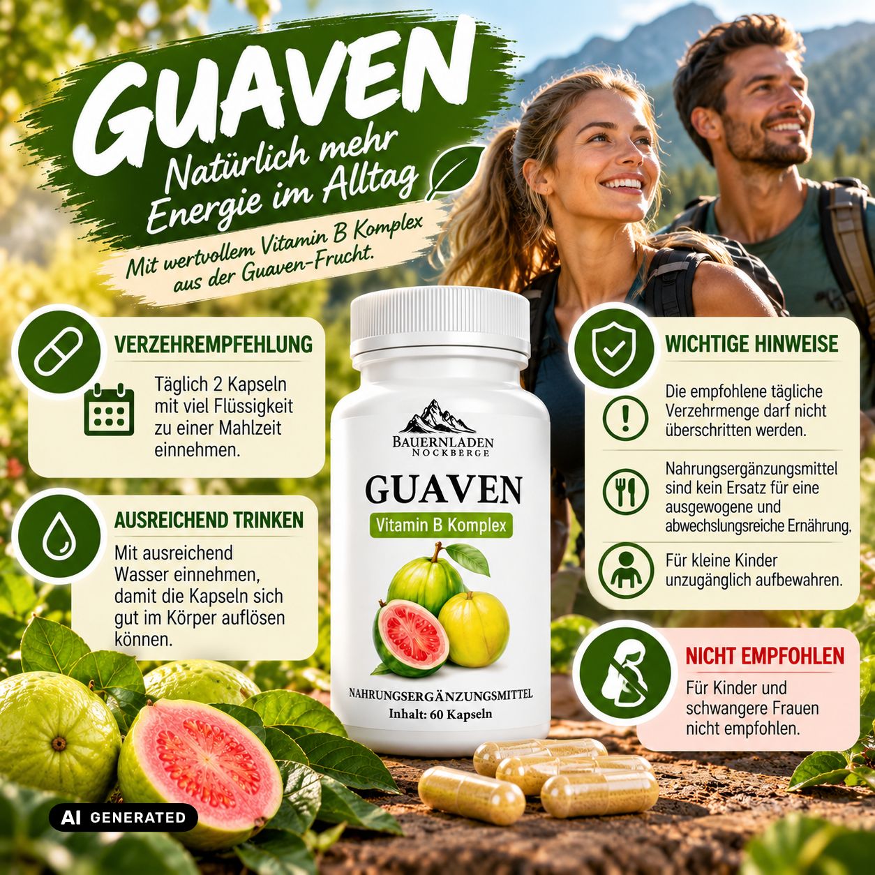 Flacone con capsule Guaven Vitamina B complesso, accanto a frutti di guava e capsule.