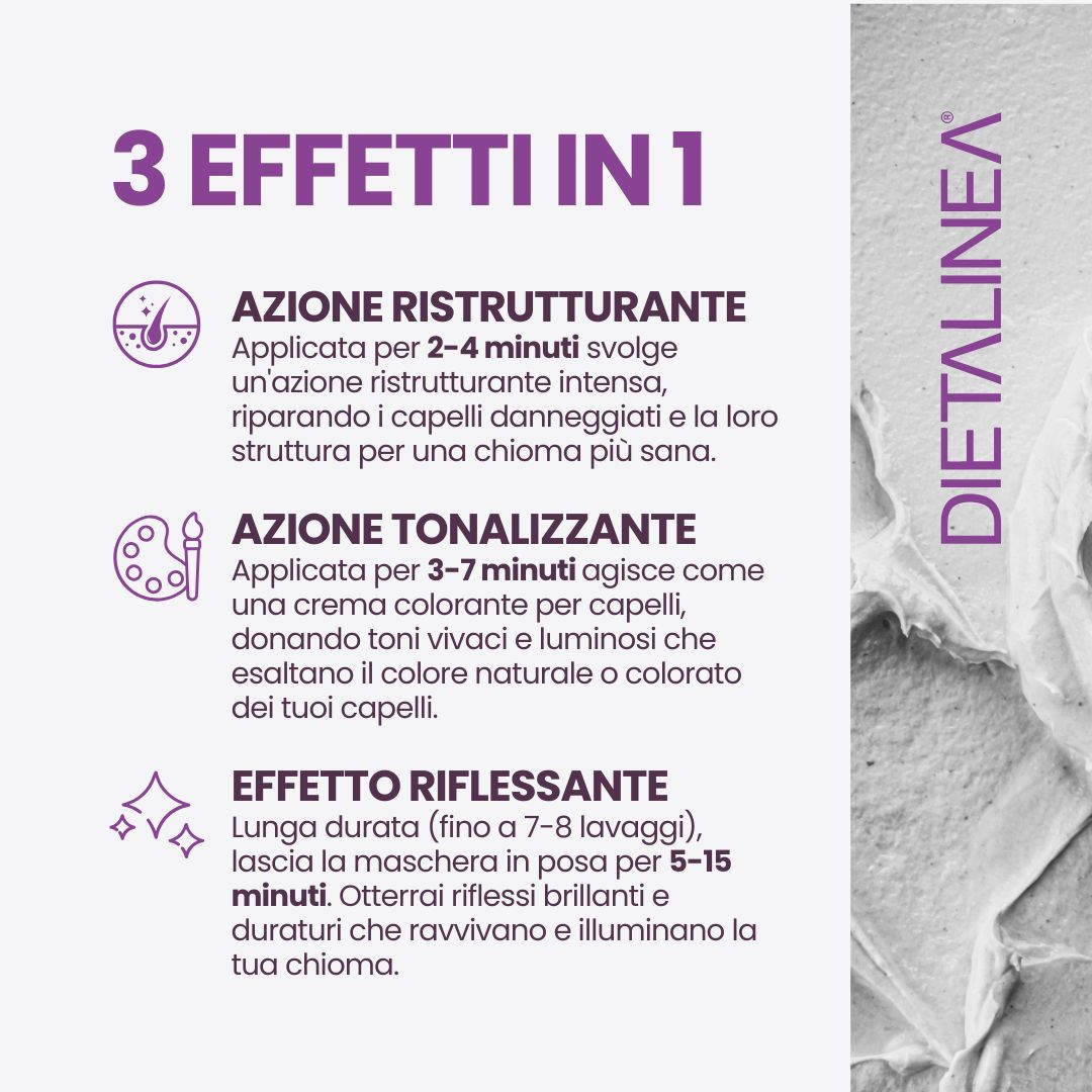 Tre effetti in uno: ristrutturazione, tonalizzazione e brillantezza per i capelli. Icone per ogni effetto.