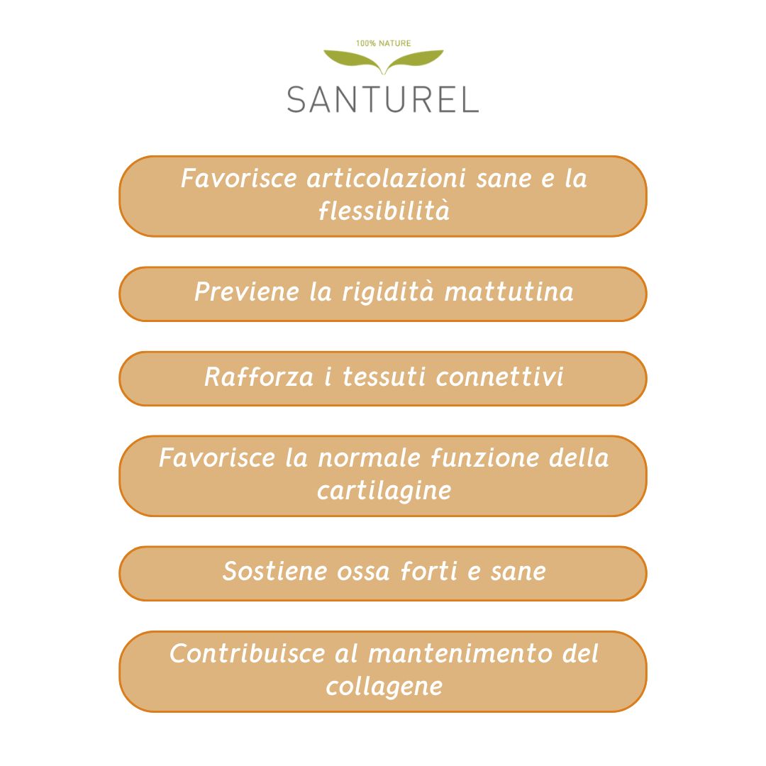 Campi di testo: Supporta articolazioni, previene rigidità, rafforza tessuti, favorisce cartilagine, supporta ossa, collagene.
