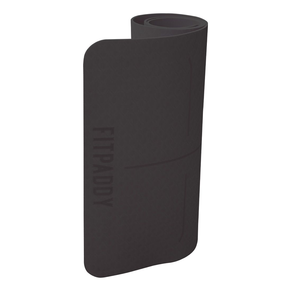Tappetino yoga fitness nero arrotolato. Marchio FITPADDY. Materiale TPE. Forma rettangolare.