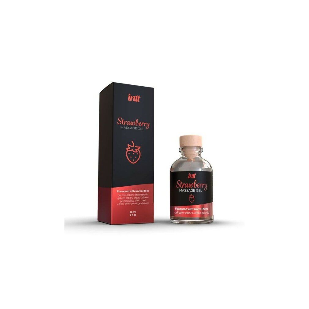 Flacone in vetro trasparente con tappo rosa ed etichetta nera. Accanto, una confezione nera. Scritta: Strawberry Massage Gel.