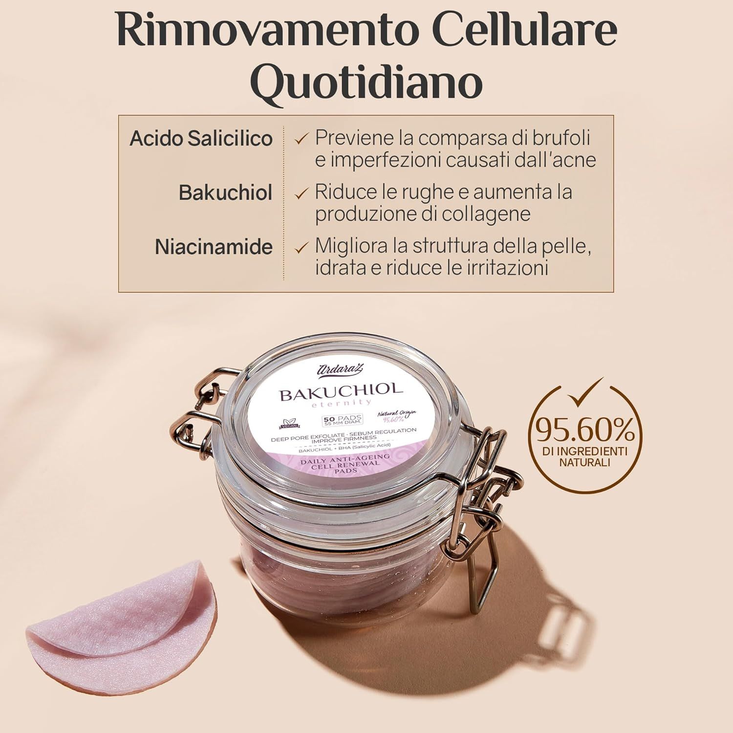 Barattolo di vetro con tamponi, accanto a metà tampone. Testo: Acido salicilico, Bakuchiol, Niacinamide. 95,60% di ingredienti naturali.