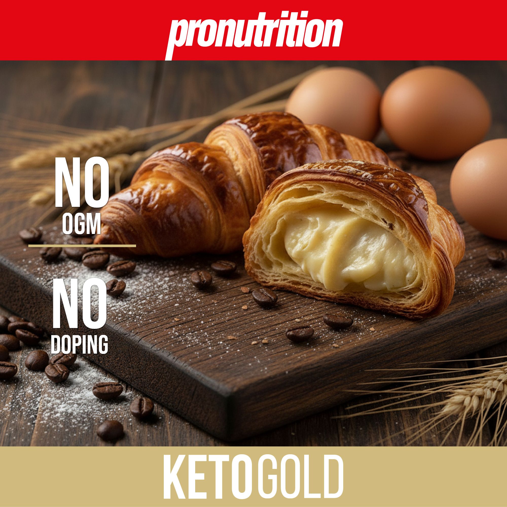 Cornetti con crema su un tagliere di legno, uova e chicchi di caffè. Scritta: KetoGold, No OGM, No Doping.