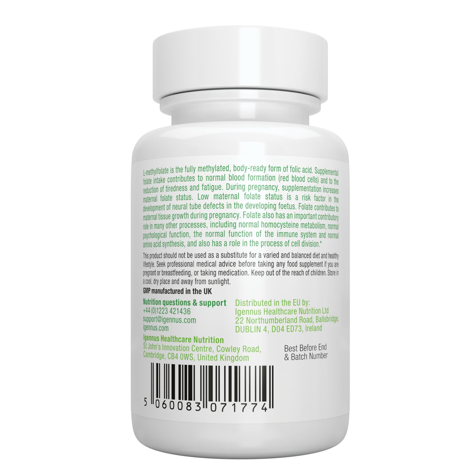 Vista posteriore di una bottiglia di Igennus Pure L-Methylfolate con etichetta e codice a barre.