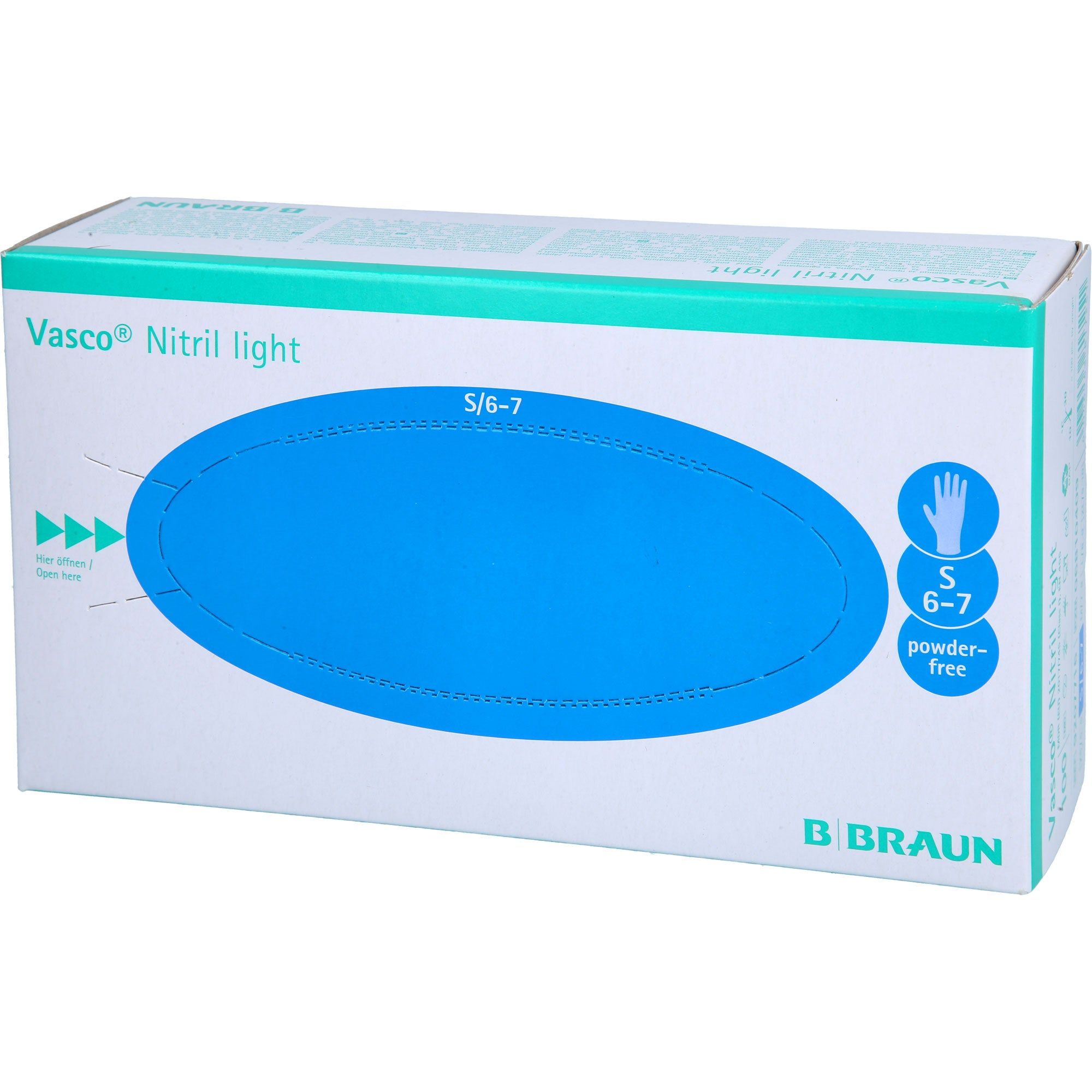 Scatola di guanti B. Braun Vasco® Nitril light. Ovale blu, taglia S/6-7, senza polvere. Marchio e nome del prodotto.