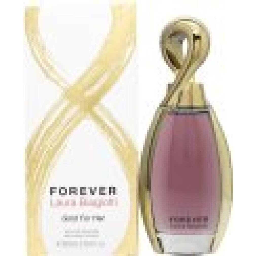 Flacone Laura Biagiotti Forever Gold for Her Eau de Parfum con tappo dorato attorcigliato e liquido viola.