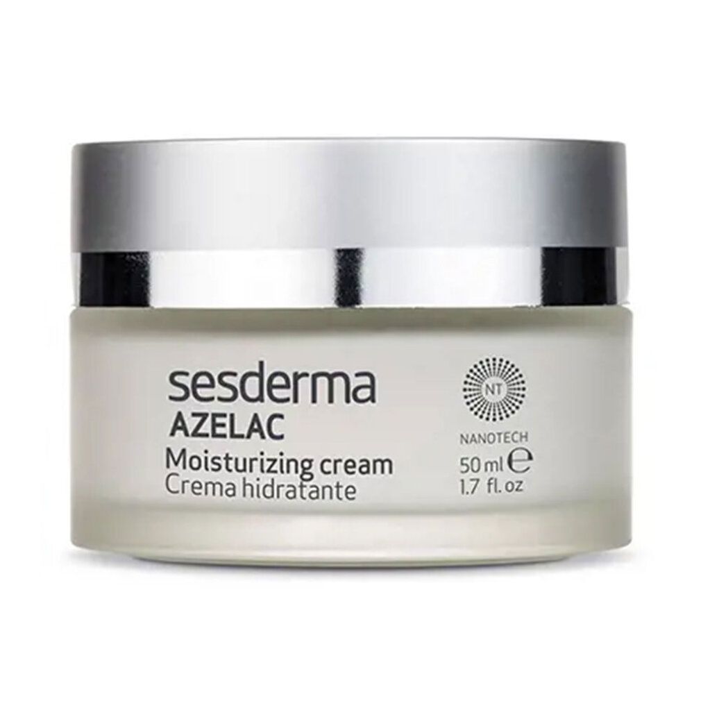 Vaso di crema con coperchio argentato. Scritta: Sesderma Azelac, Moisturizing cream, Crema hidratante. 50 ml.