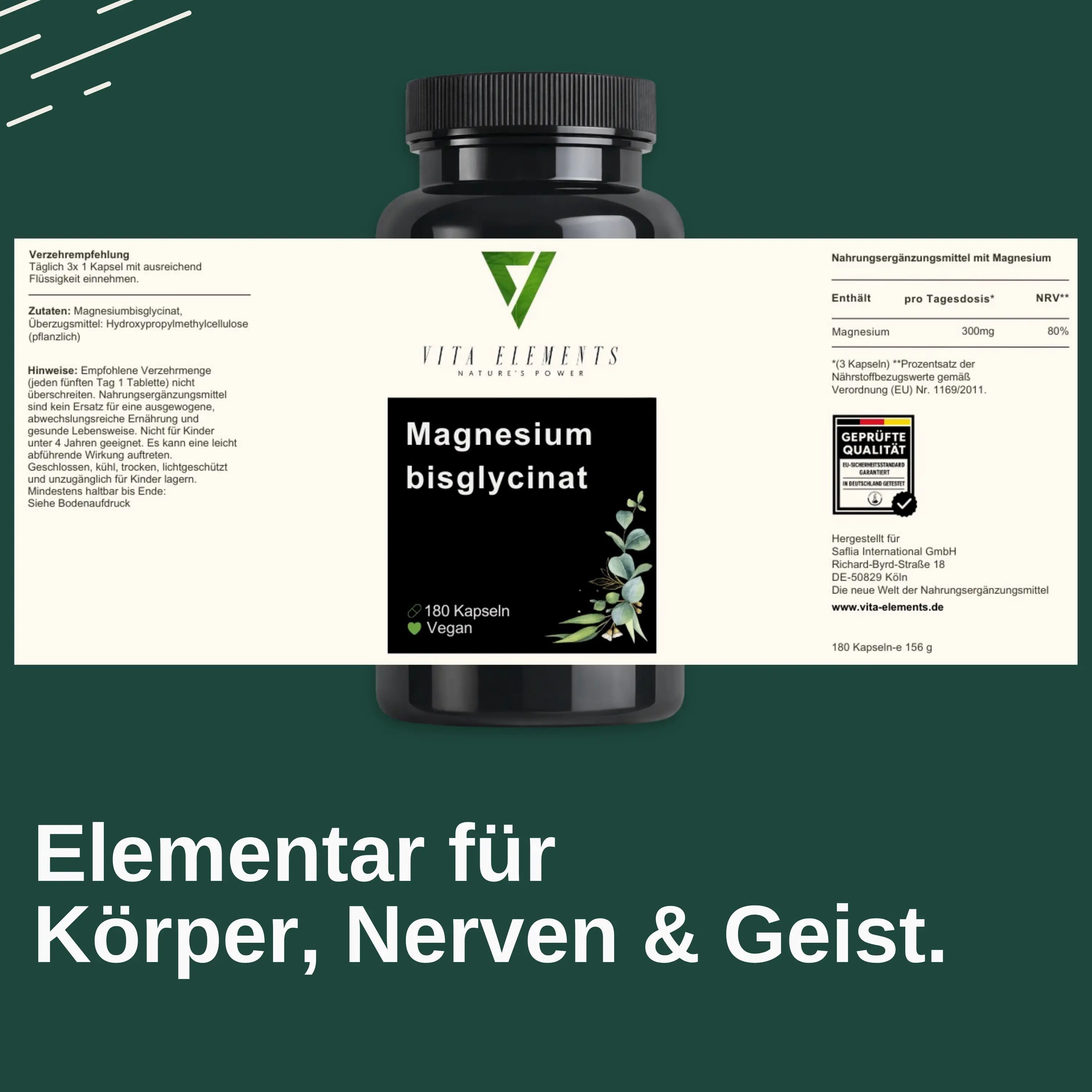 Etichetta su una bottiglia di 'Magnesium bisglycinate'. Contiene informazioni su ingredienti, dosaggio e valori nutrizionali. Sigillo: Qualità controllata.