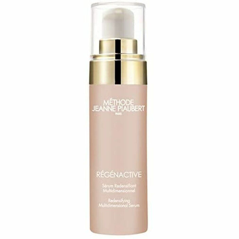 Flacone di siero rosa con tappo dorato e cappuccio trasparente. Scritta: RÉGÉNACTIVE, Sérum Redensifiant Multidimensionnel.