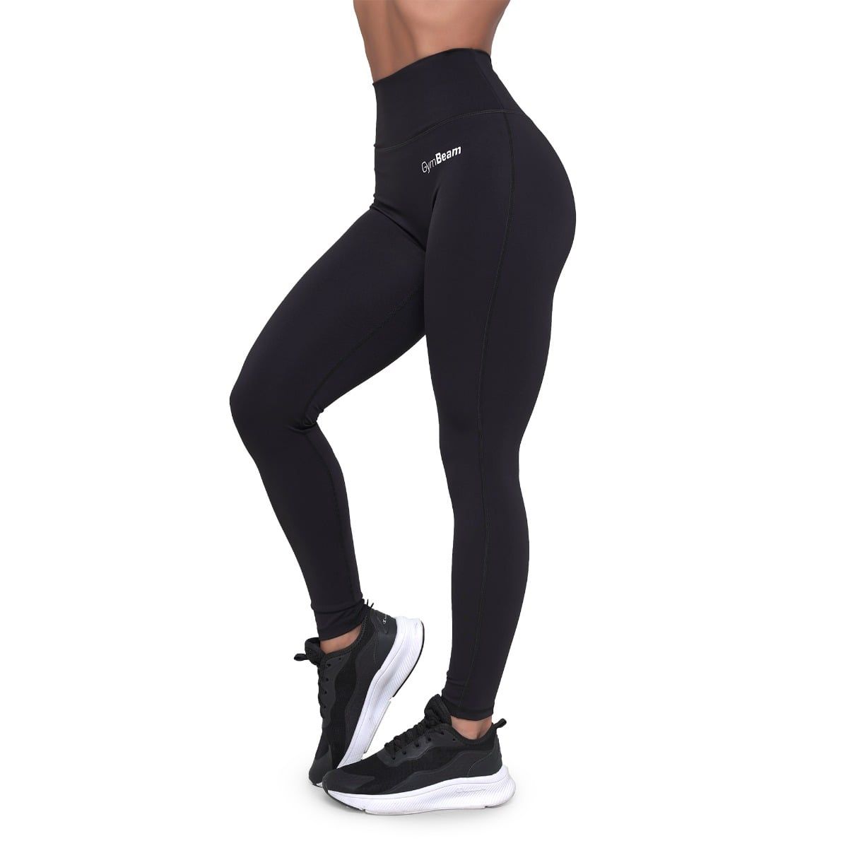 Leggings neri da donna a vita alta, vista laterale.