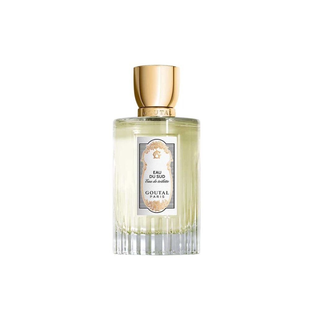 Goutal Paris Eau Du Sud Eau De Toilette Spray. Flacone rettangolare in vetro, tappo dorato. Etichetta bianca con testo e decorazioni.