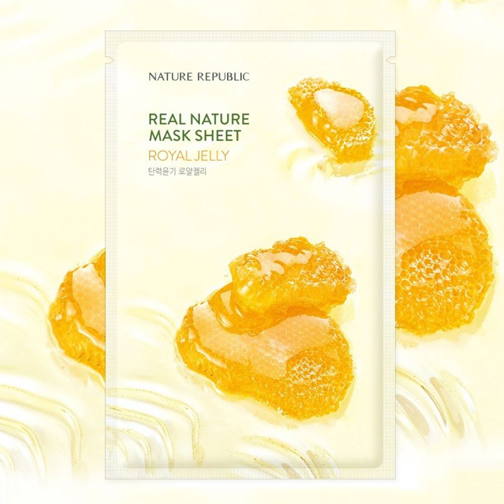 Confezione NATURE REPUBLIC Royal Jelly Sheet Mask. Stampa: nome prodotto, illustrazioni a nido d'ape.