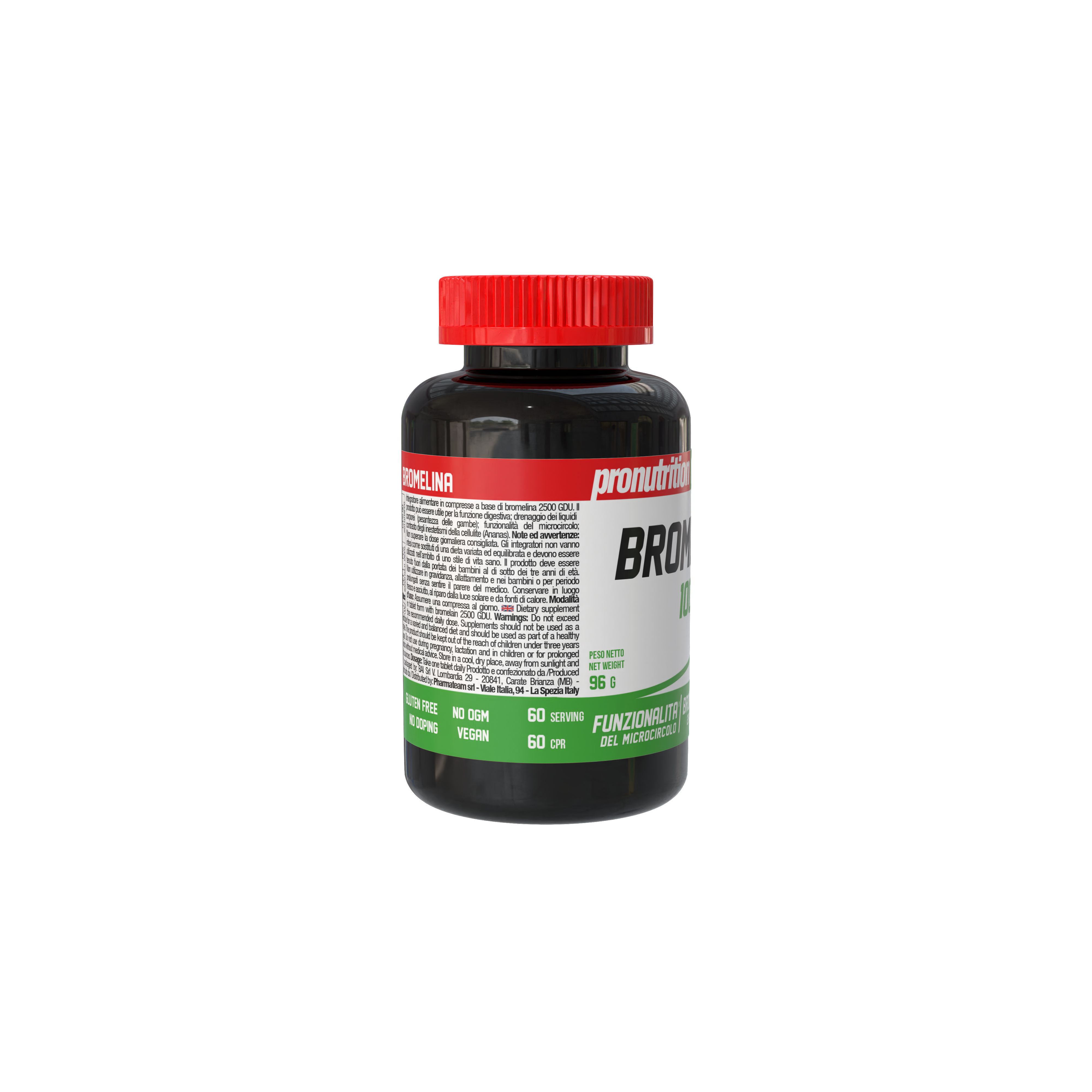 Flacone di Bromelina 1000. Bottiglia nera, tappo rosso. Scritta: Pronutrition, Nutraceutica. 60 capsule.