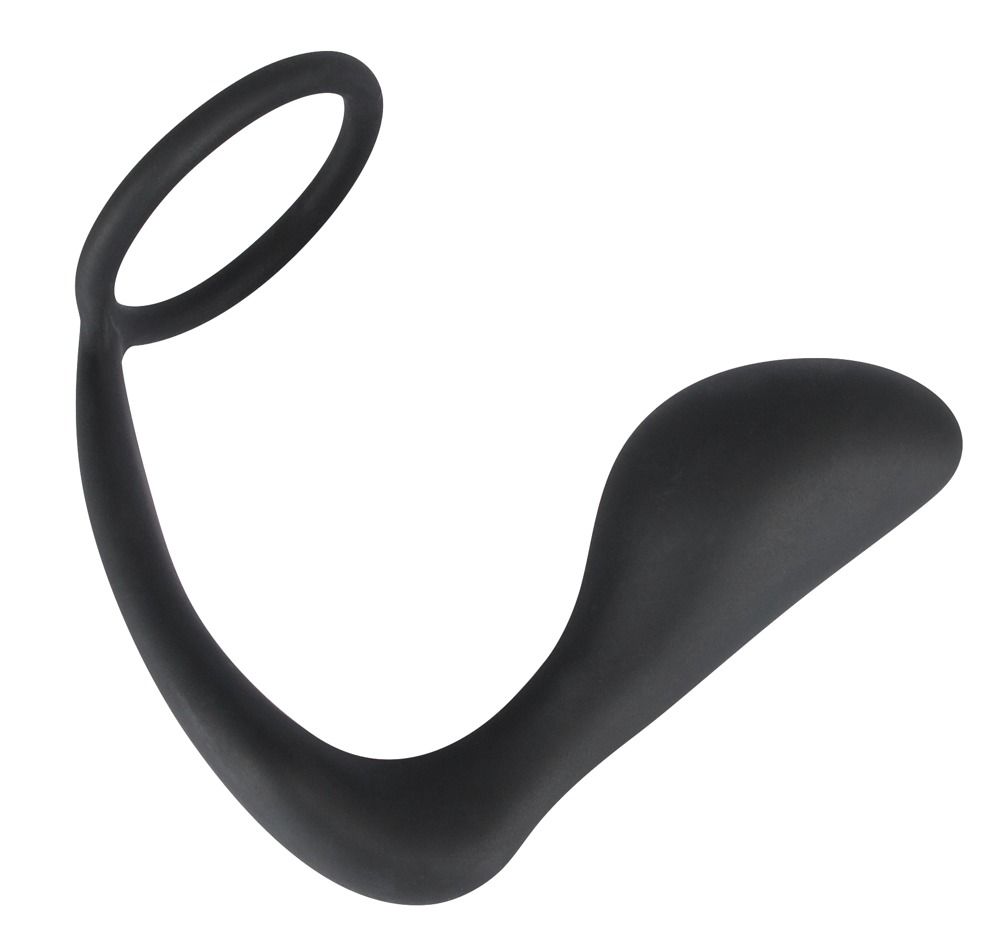 Anello fallico/testicolare nero con plug anale. Impugnatura ad anello, asta curva e forma a plug conica.