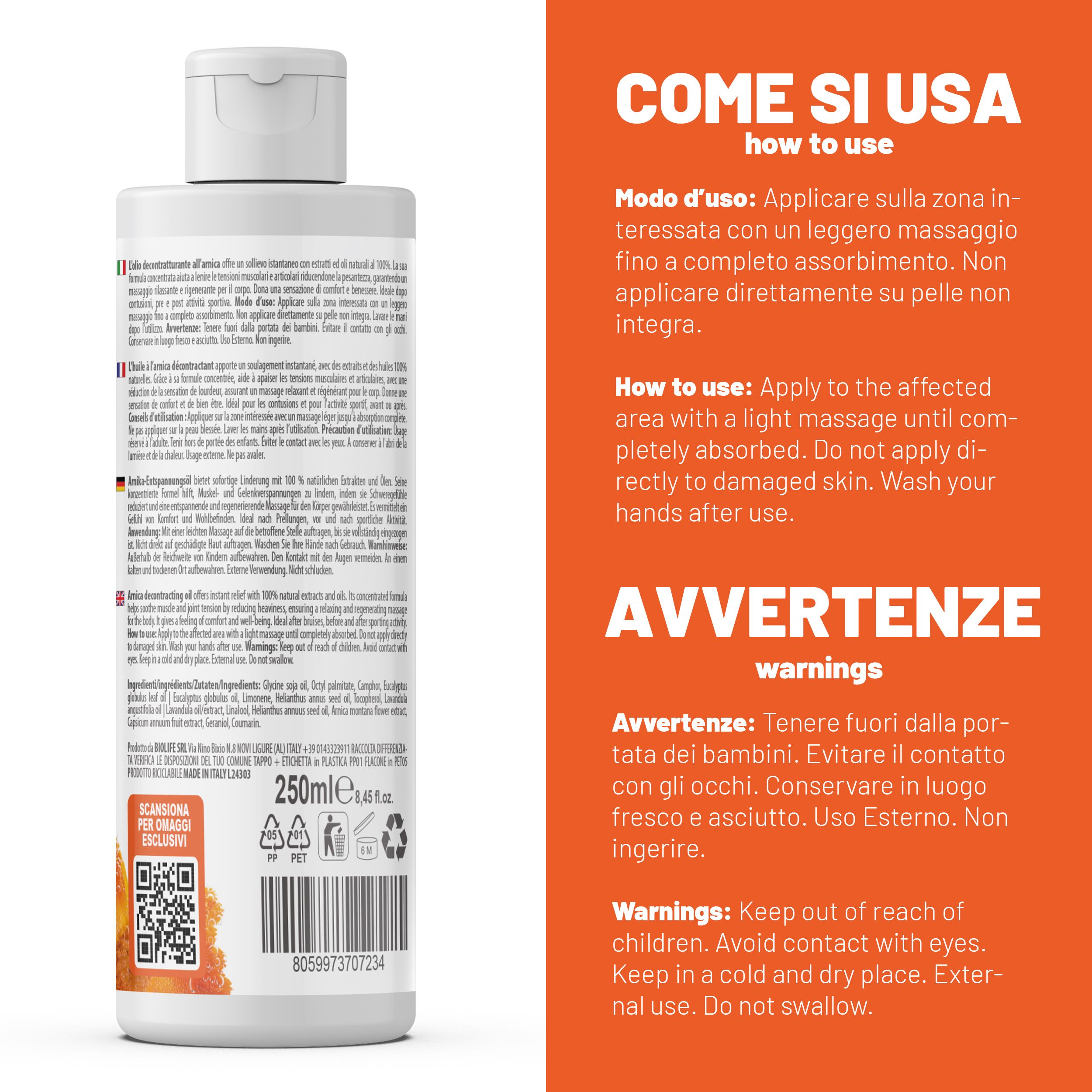 Flacone Fitoattivi Arnikaöl. Testo: Come si usa, Modo d'uso, Avvertenze, Warnings, Keep out of reach of children.
