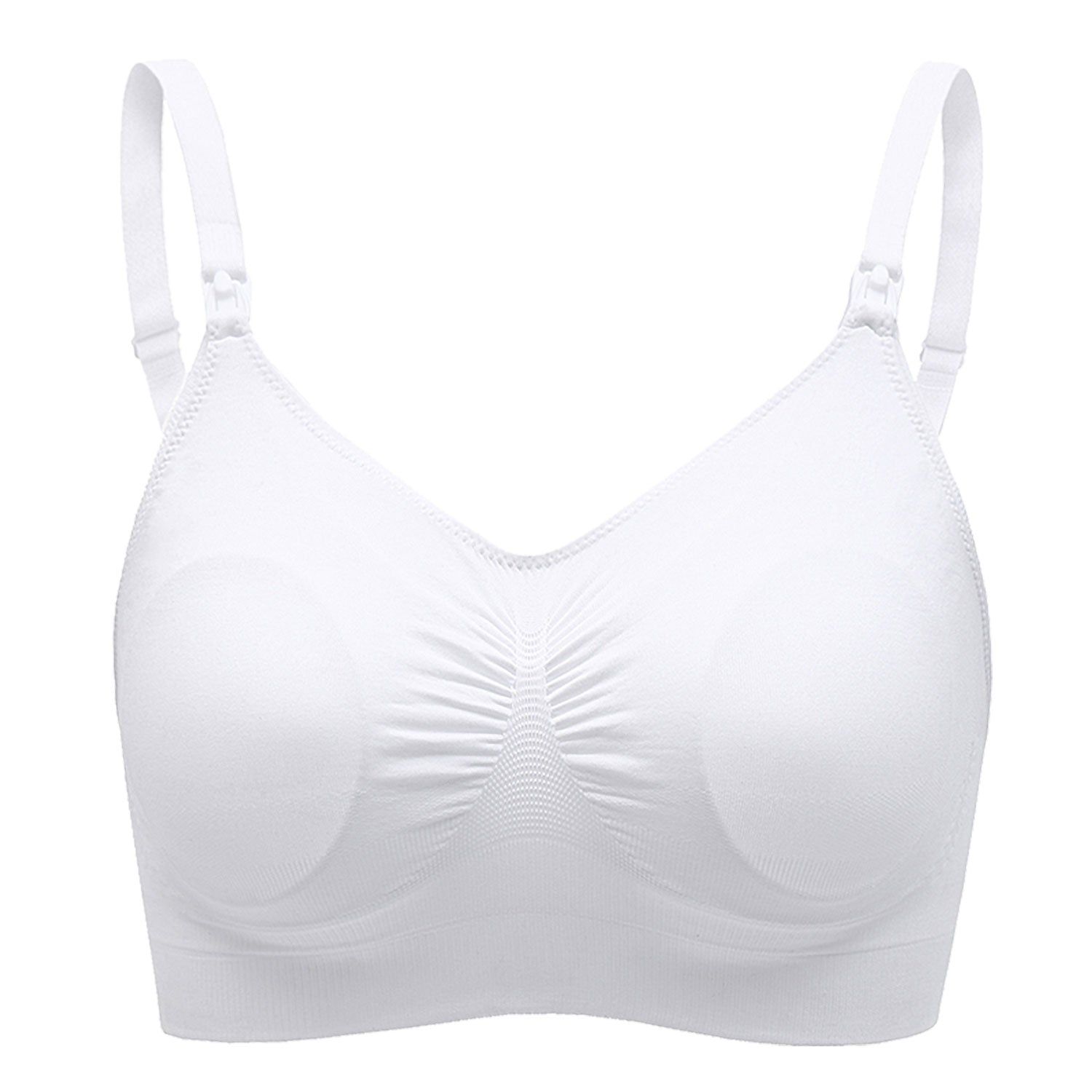 Reggiseno allattamento bianco con spalline regolabili. Parte anteriore arricciata e coppe rotonde.