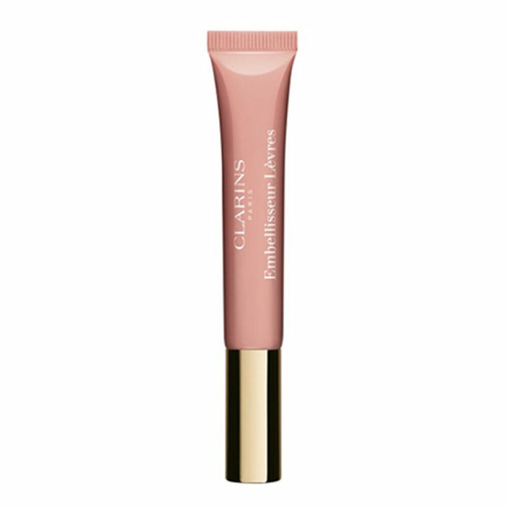 Clarins Natural Lip Perfector. Tubetto con contenuto rosa e tappo dorato. Scritta Clarins e Embellisseur Lèvres.