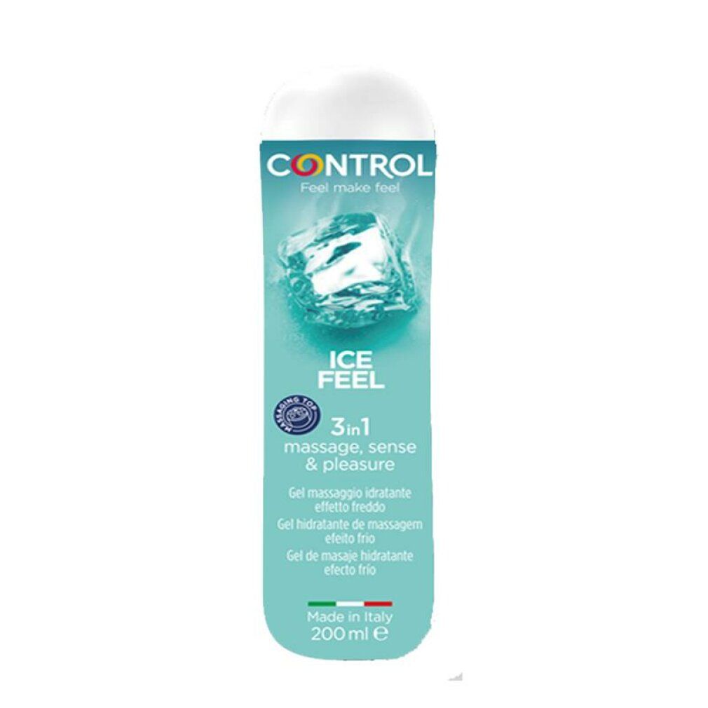Flacone turchese con tappo bianco. Scritta: CONTROL, ICE FEEL, 3in1. Gel per massaggio, senso e piacere. Prodotto in Italia.