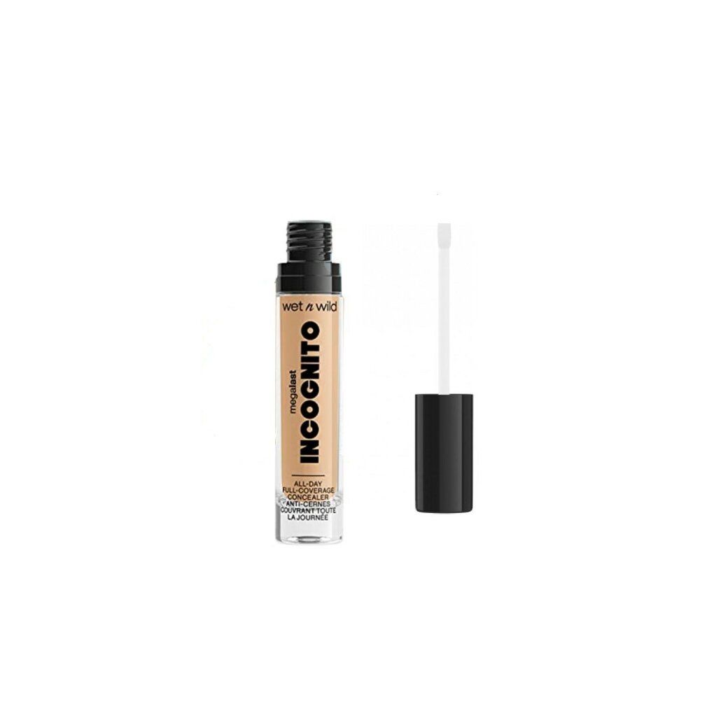 Tubo correttore con tappo nero e applicatore. Scritta Incognito, Wet n Wild. Tonalità beige.