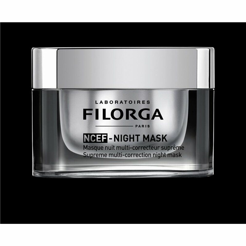 Vasetto con coperchio argentato. Scritta: Filorga, NCEF-Night Mask. Denominazioni in francese e inglese. Sfondo nero.