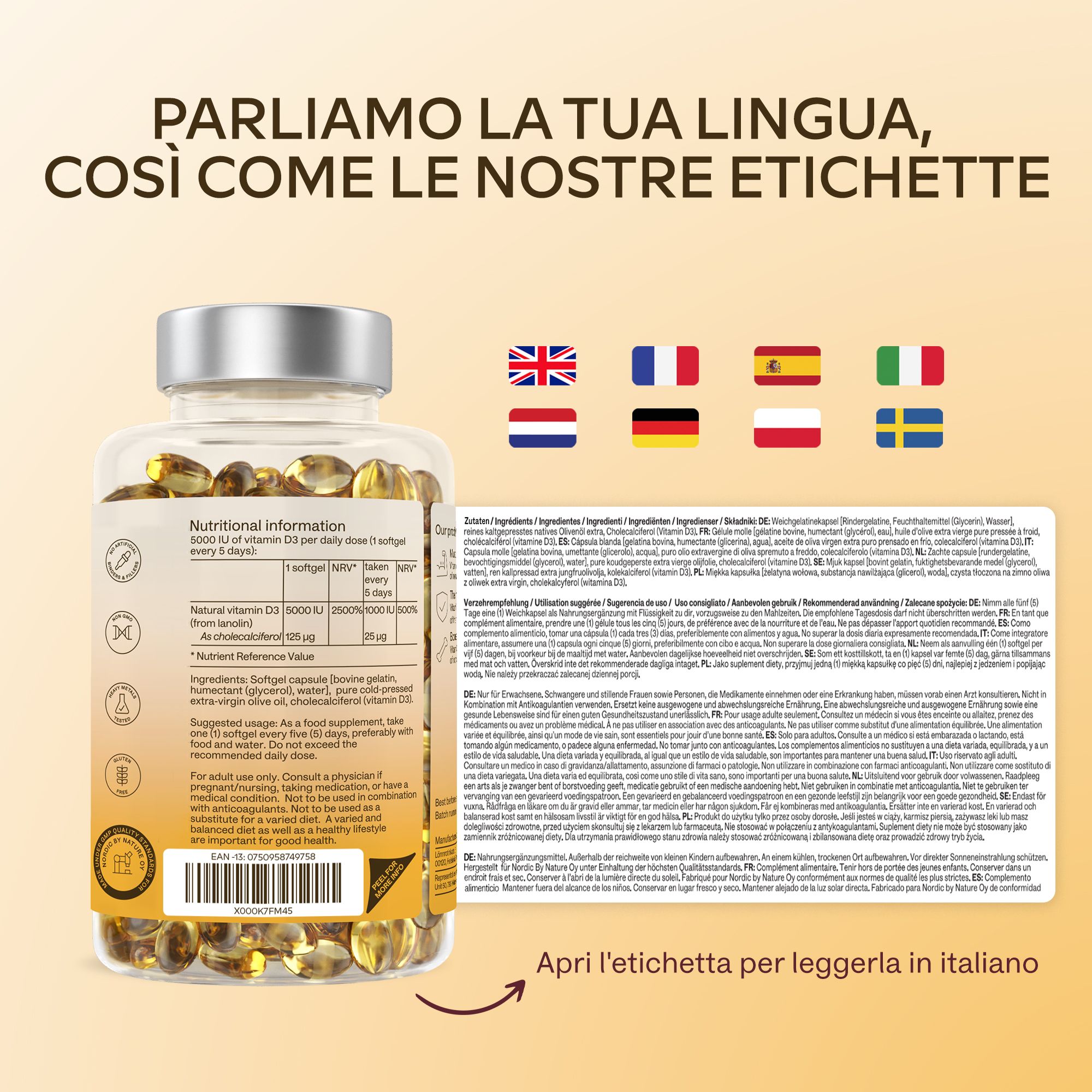 Flacone di Aavalabs Vitamina D3 Softgels con bandiere multilingue e testo.
