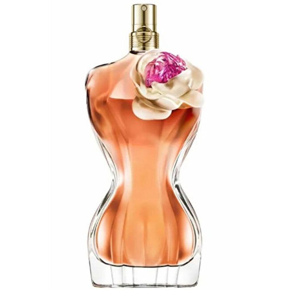 Flacone di profumo a forma di busto con fiore rosa. Flacone in vetro con vaporizzatore dorato.