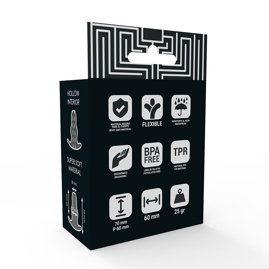 Confezione nera con informazioni sul prodotto. Contiene icone per materiale, flessibilità, senza BPA, ecc. Dimensioni: 70x60mm, 25g.