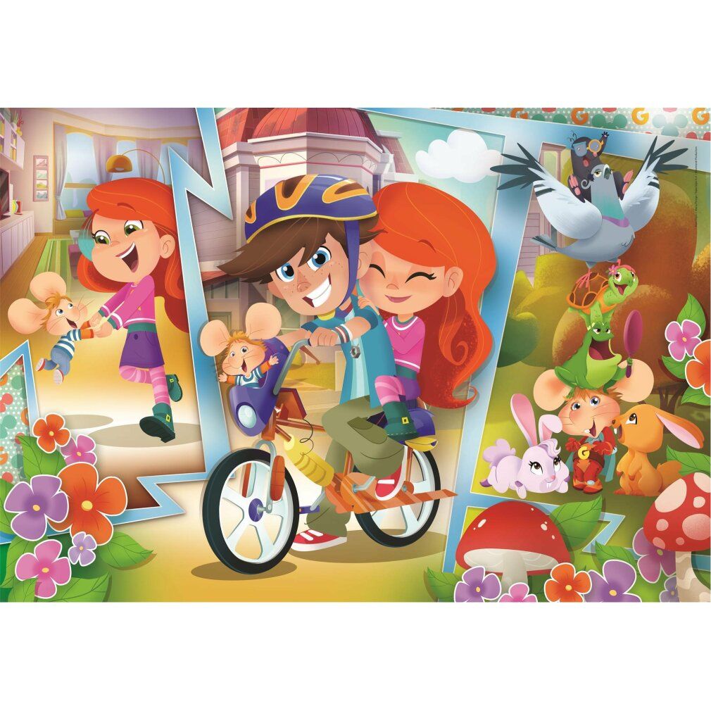 Motivo puzzle Topo Gigio, bambini in bici, illustrazioni di topi, fiori, funghi, uccelli. Ritaglio di pezzi.