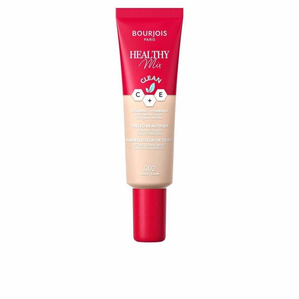 Bourjois Healthy Mix Beautifier. Tubo con tappo rosso. Tonalità 002. Scritta: Clean, C+E Vitamine.