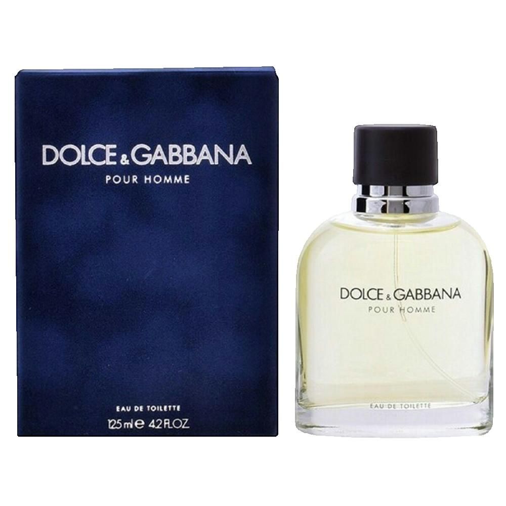 Dolce&Gabbana Pour Homme Eau de Toilette, flacone e confezione. Flacone con tappo nero, confezione blu.