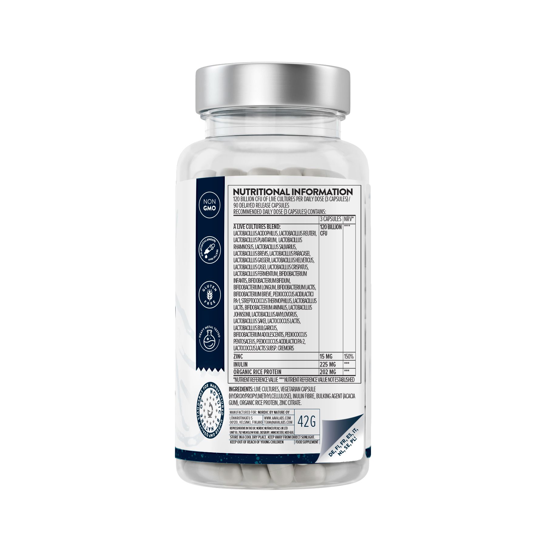 Retro delle capsule Aavalabs Premium Probiolac. Informazioni su ingredienti e valori nutrizionali.