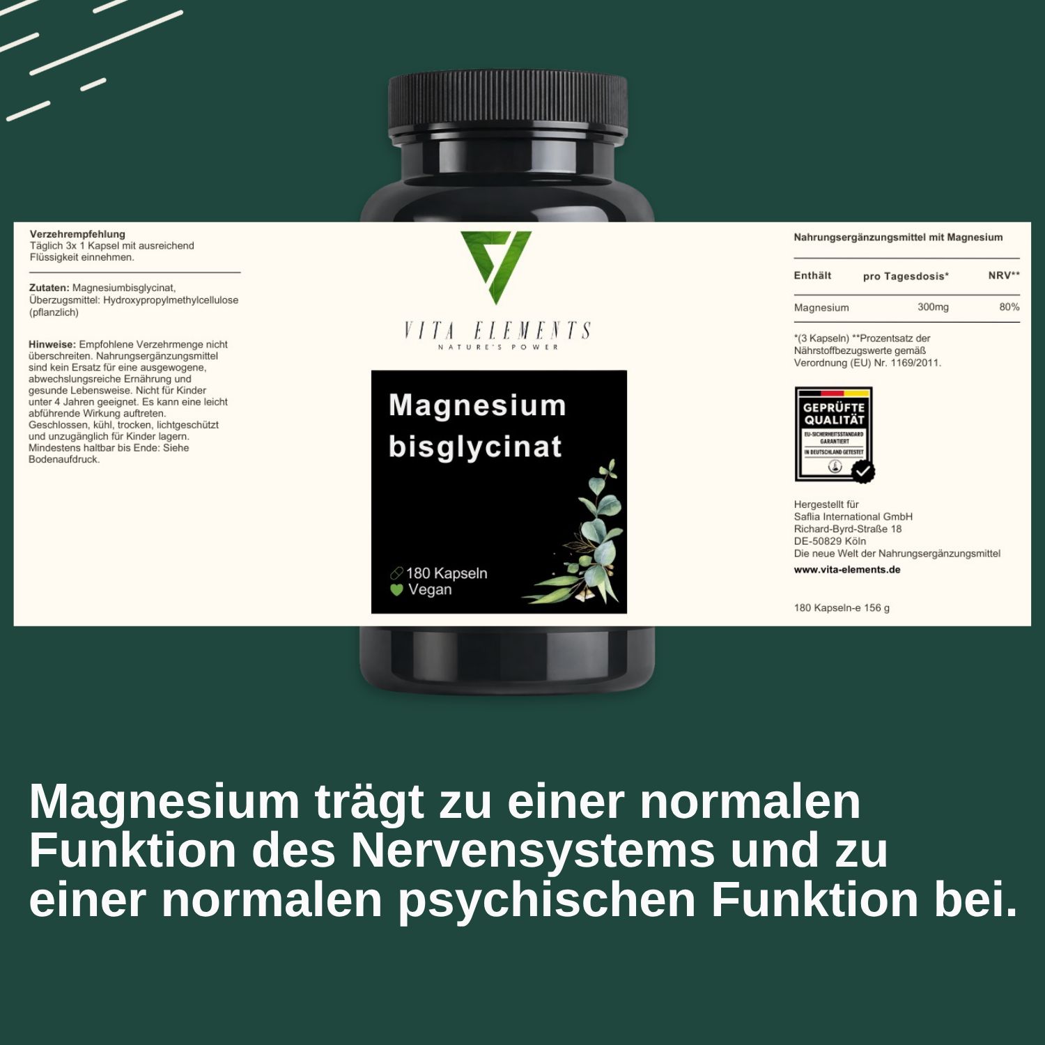 Barattolo Vita Elements Magnesio bisglicinato con etichetta: 180 capsule, vegane, con sigillo 'Qualità verificata'.