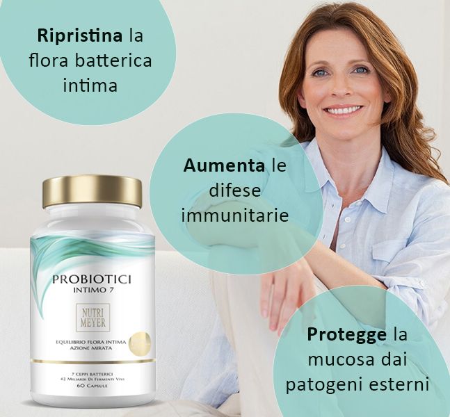 Donna sorridente. Flacone con testo: PROBIOTICI INTIMO 7. Testo: Aumenta le difese immunitarie, protegge la mucosa, ripristina la flora.