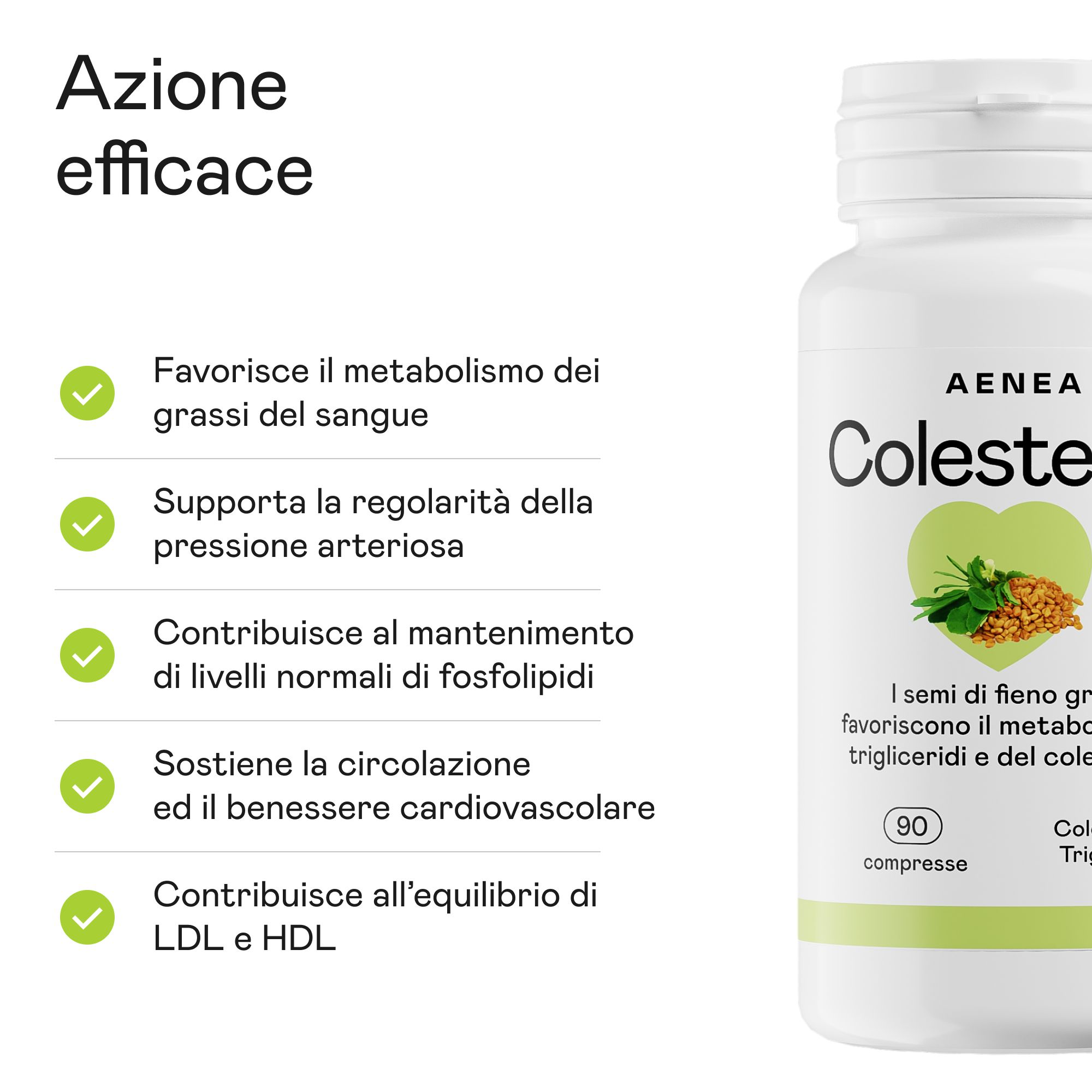 Flacone bianco Aenea Colestefien. Scritta: 90 compresse. Etichette verdi e bianche con informazioni sul prodotto.
