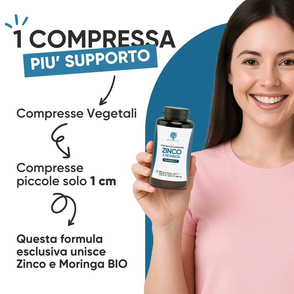 Donna tiene una bottiglia. Scritta: ZINCO e MORINGA. Compresse vegetali. Compresse piccole. Formula esclusiva con Zinco e Moringa BIO.