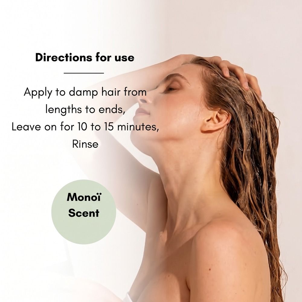 Una donna con i capelli bagnati che applica una maschera. Testo: 'Directions for use', 'Monoï Scent'.