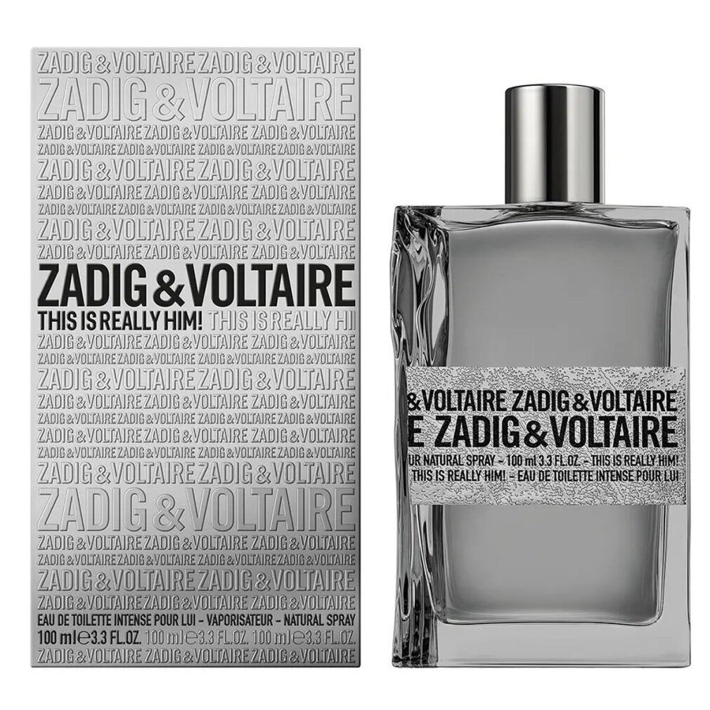 Flacone e confezione grigi. Scritta: Zadig & Voltaire, This Is Really Him! EdT Intense. Flacone con tappo argentato.