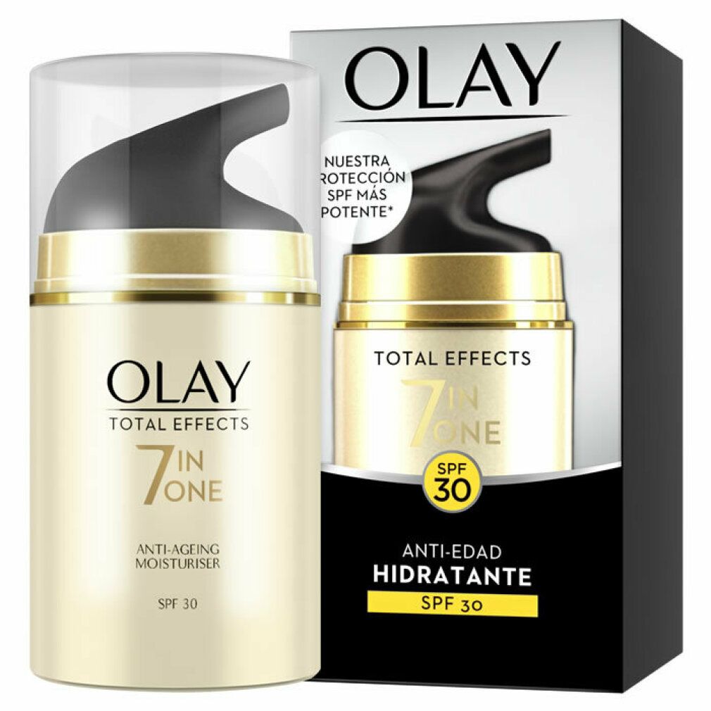 Olay Total Effects 7 in One crema idratante anti-età. Dispenser con coperchio nero e anello dorato. Confezione con immagine del prodotto.