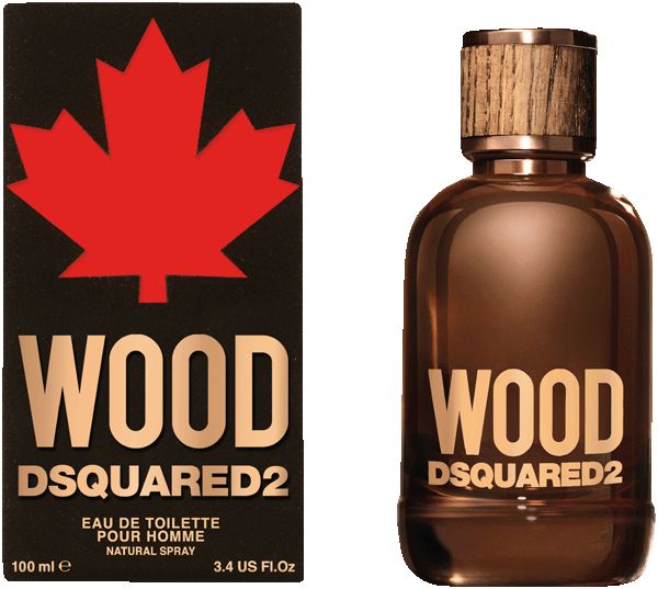 Flacone Dsquared2 Wood Eau de Toilette e scatola con foglia d'acero rossa.
