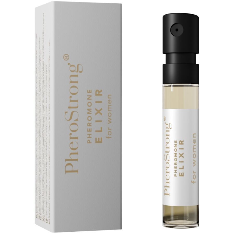 PheroStrong Elixir per donne, profumo a feromoni in un piccolo flacone di vetro con erogatore.
