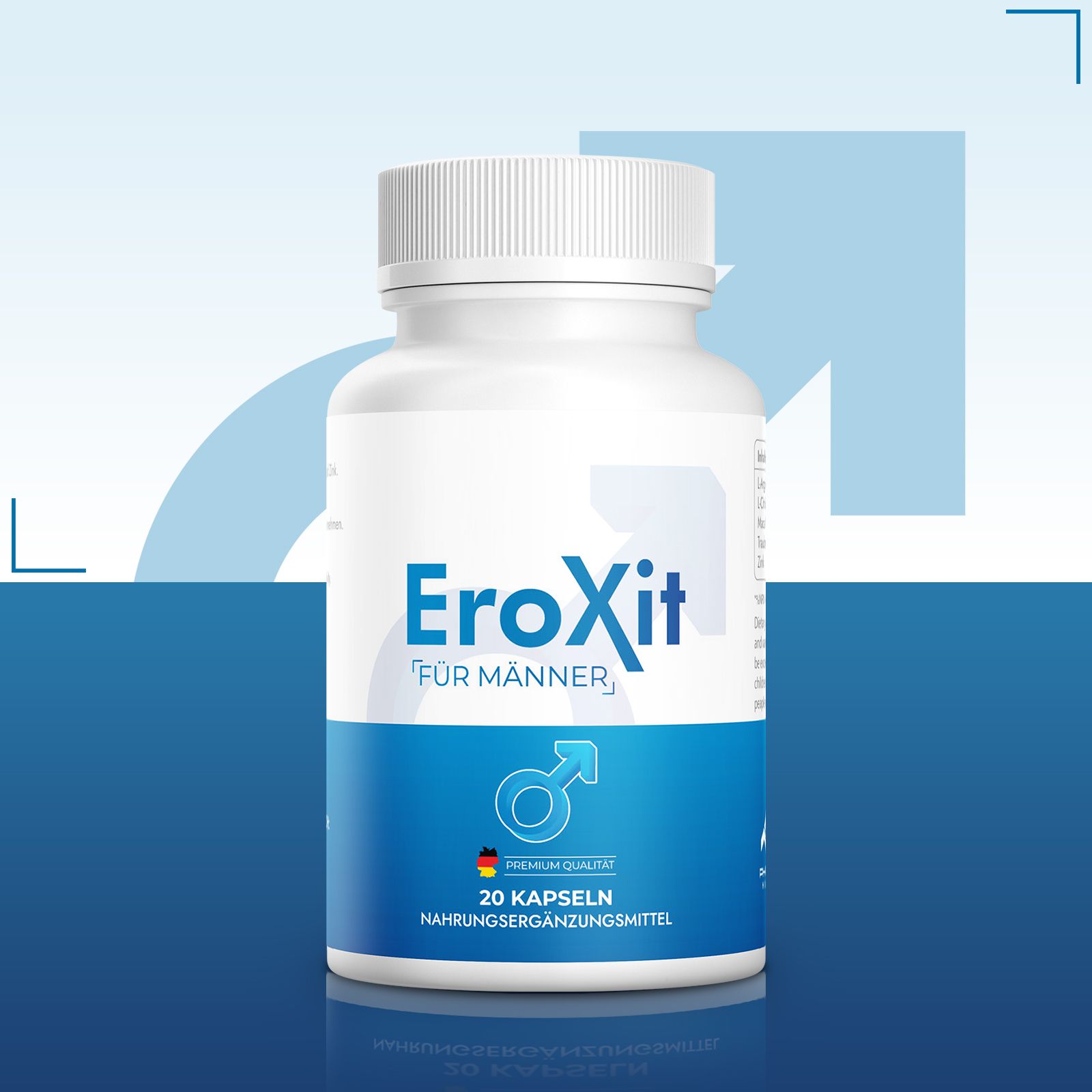 Flacone bianco con etichetta blu. Scritta: EroXit per uomini, 20 capsule. Simbolo maschile e bandiera tedesca. Qualità premium.