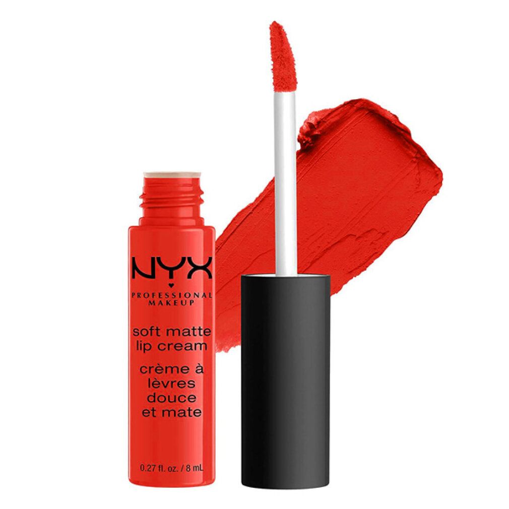 NYX Soft Matte Lip Cream color rosso vivo con applicatore e campione.