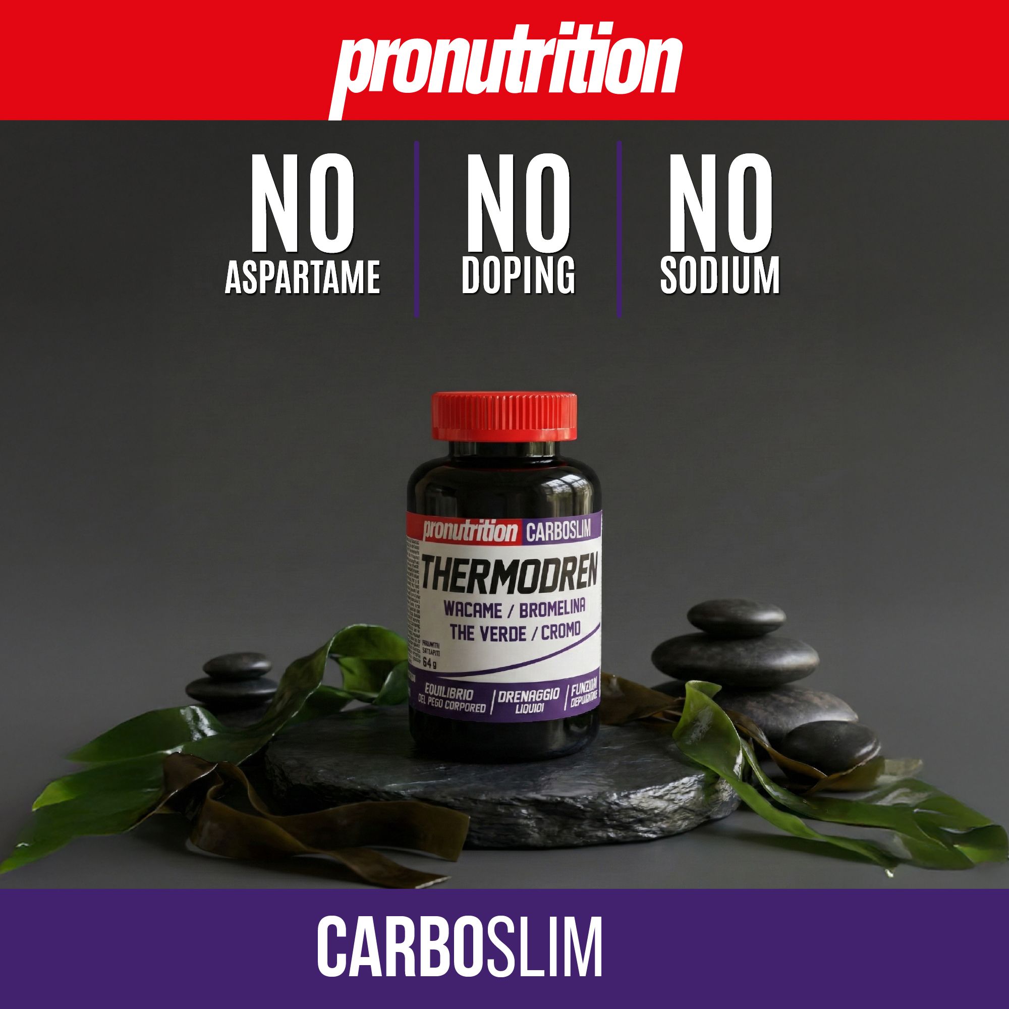 Flacone nero con tappo rosso. Scritta THERMODREN. Posizionato su pietre e alghe. Scritta CARBOSLIM.