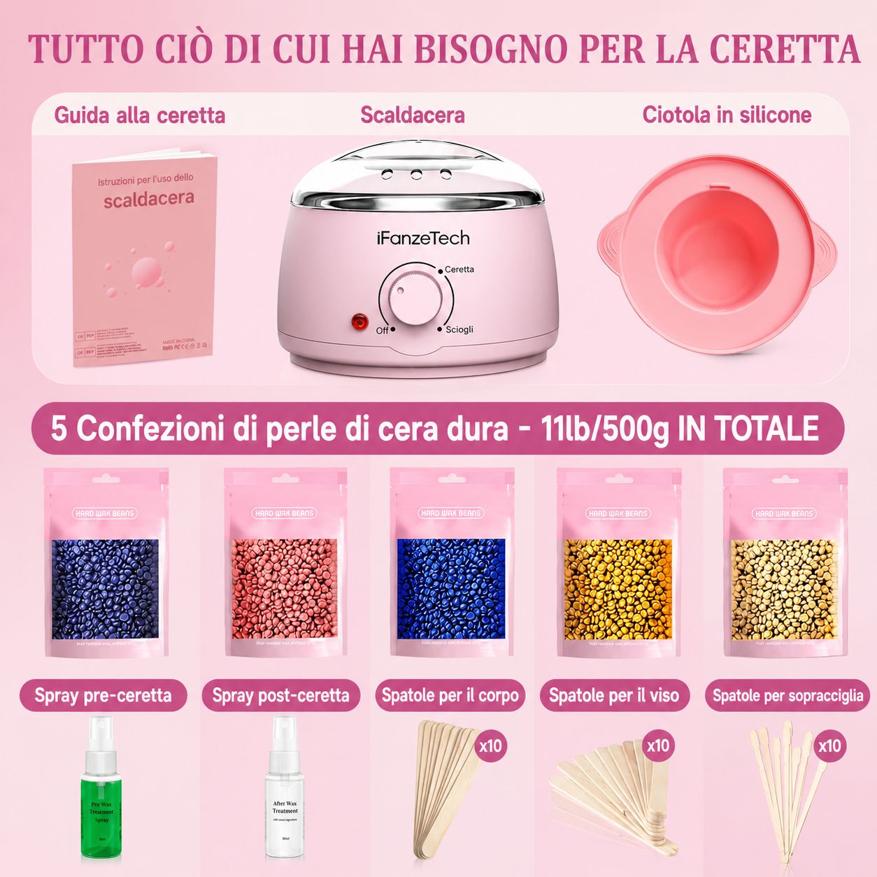 Set per ceretta con scaldacera, ciotola in silicone, perle di cera, spray, spatole e istruzioni.
