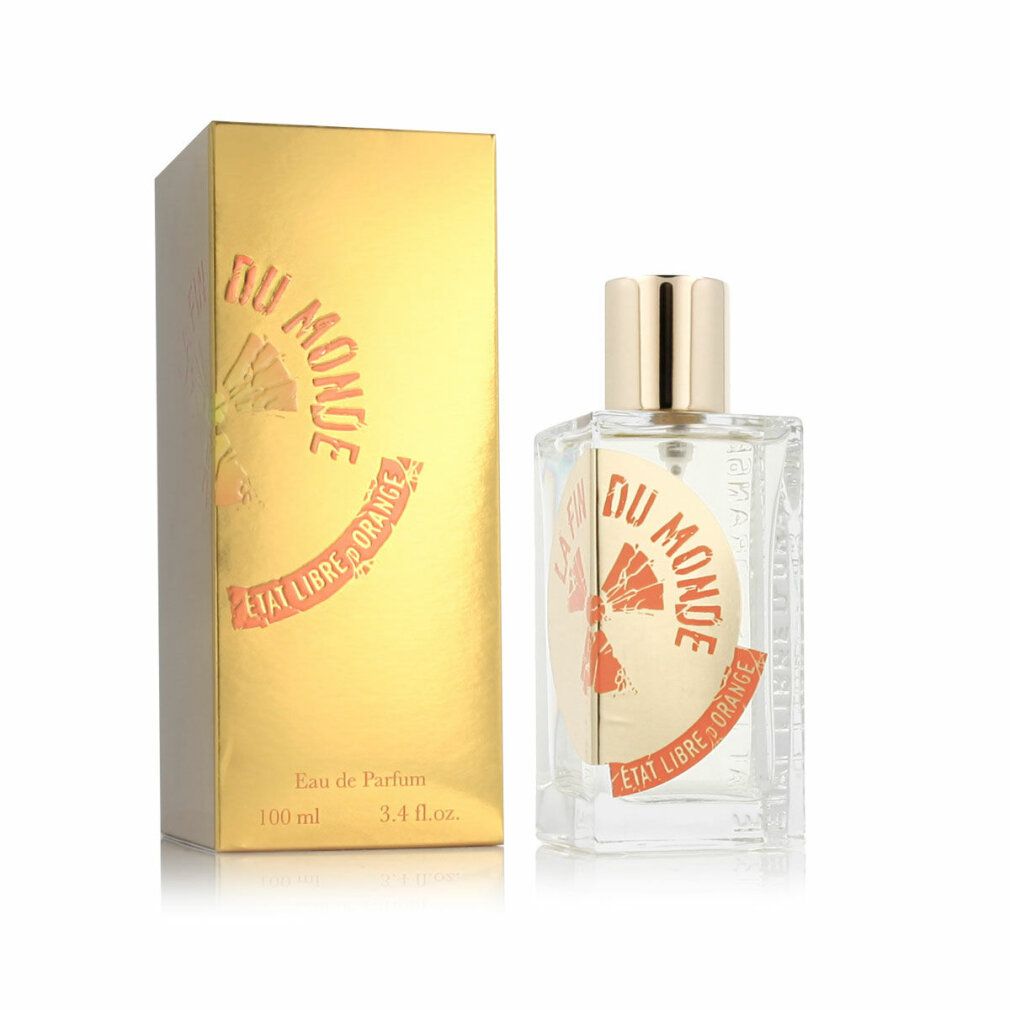 Flacone di profumo e scatola dorata. Scritta: La Fin Du Monde, Etat Libre d'Orange. Flacone con tappo dorato, scatola con testo rosso.