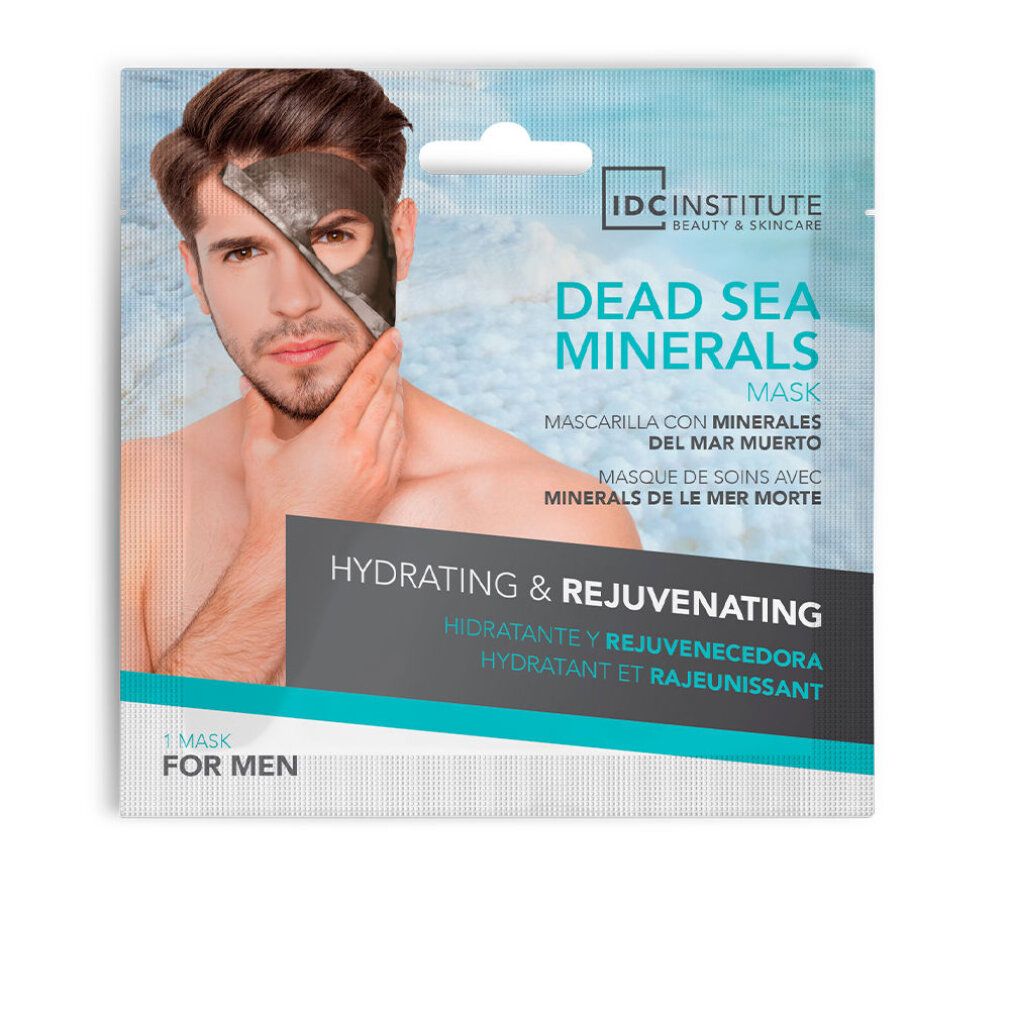 Confezione maschera viso. Uomo con maschera. Testo: Dead Sea Minerals, Hydrating & Rejuvenating, For Men. Marchio: IDC Institute.