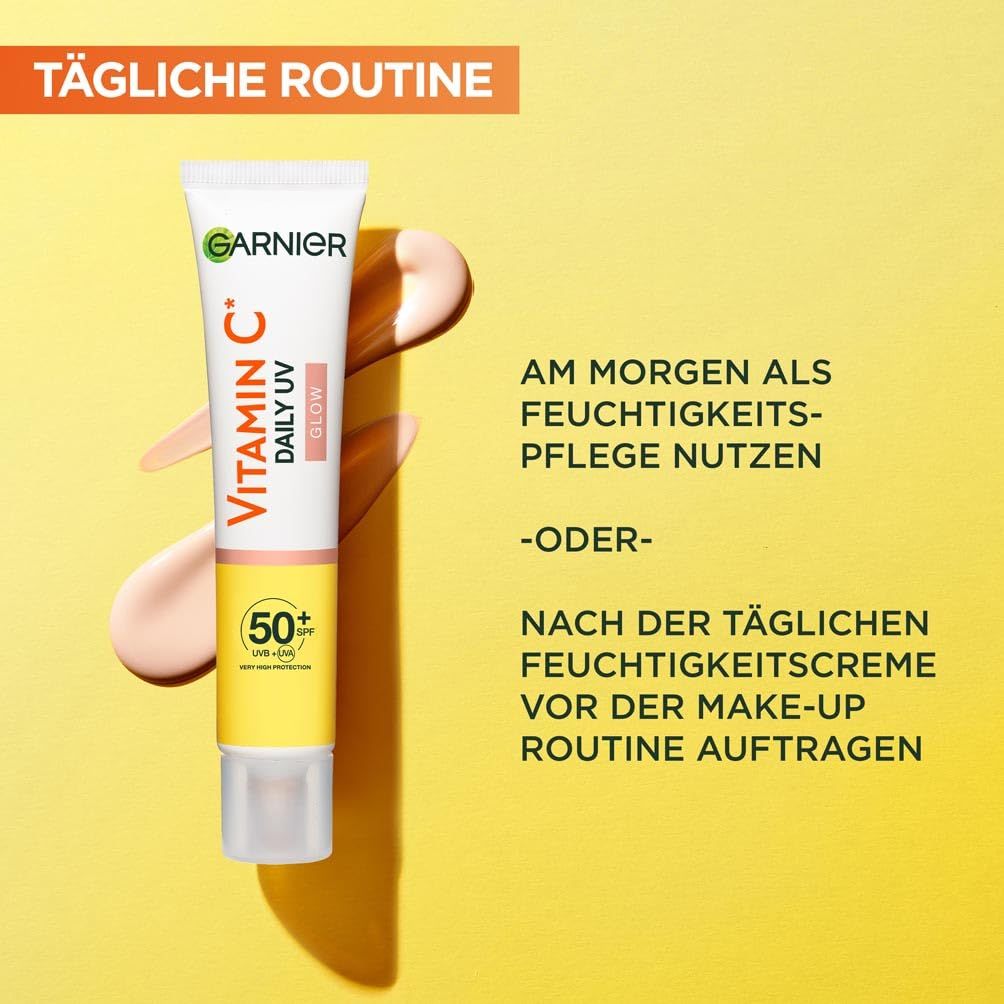 Garnier Vitamin C Daily UV Glow. Tubo con SPF 50+. Testo: Usare quotidianamente come idratante o prima del trucco.