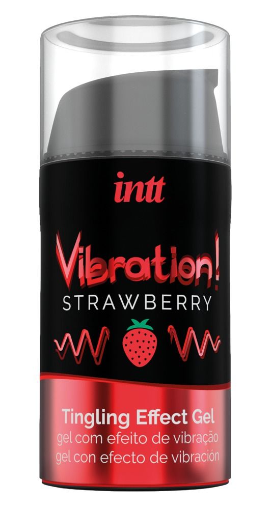 Flacone cilindrico con etichetta nera. Nome prodotto: Vibration! Strawberry Tingling Effect Gel. Marchio: INTT. Con dosatore.